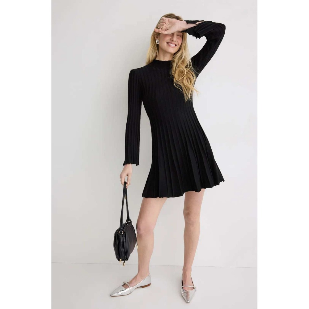 Maje Black Mock Neck Ribbed Knit Pleated Fit Flare Dress Button Detail Size 38